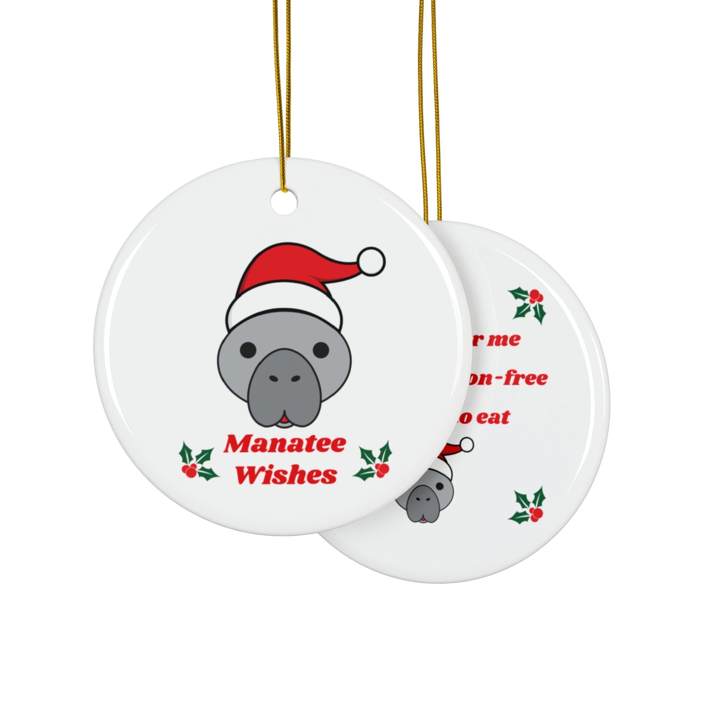 Manatee Holiday Wishes Christmas Double Sided Print White Ceramic Christmas Ornament