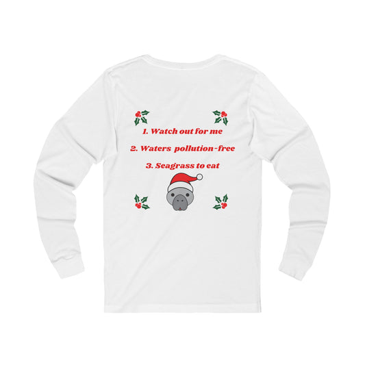 Manatee Holiday Wishes Christmas Adult Unisex Jersey Long Sleeve T Shirt
