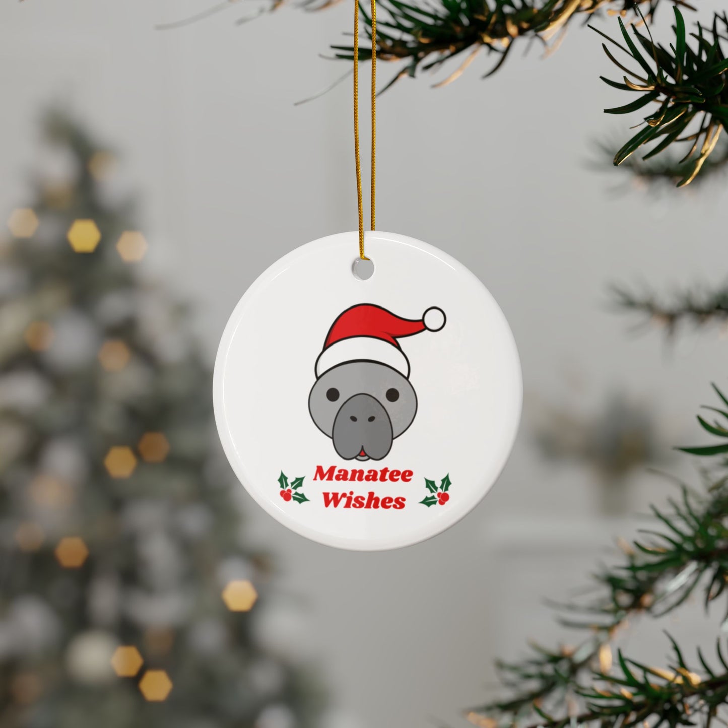 Manatee Holiday Wishes Christmas Double Sided Print White Ceramic Christmas Ornament