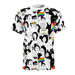 Open image in slideshow, Love is Love Gay Pride Rainbow Flag All Over Print Unisex Graphic Tshirt
