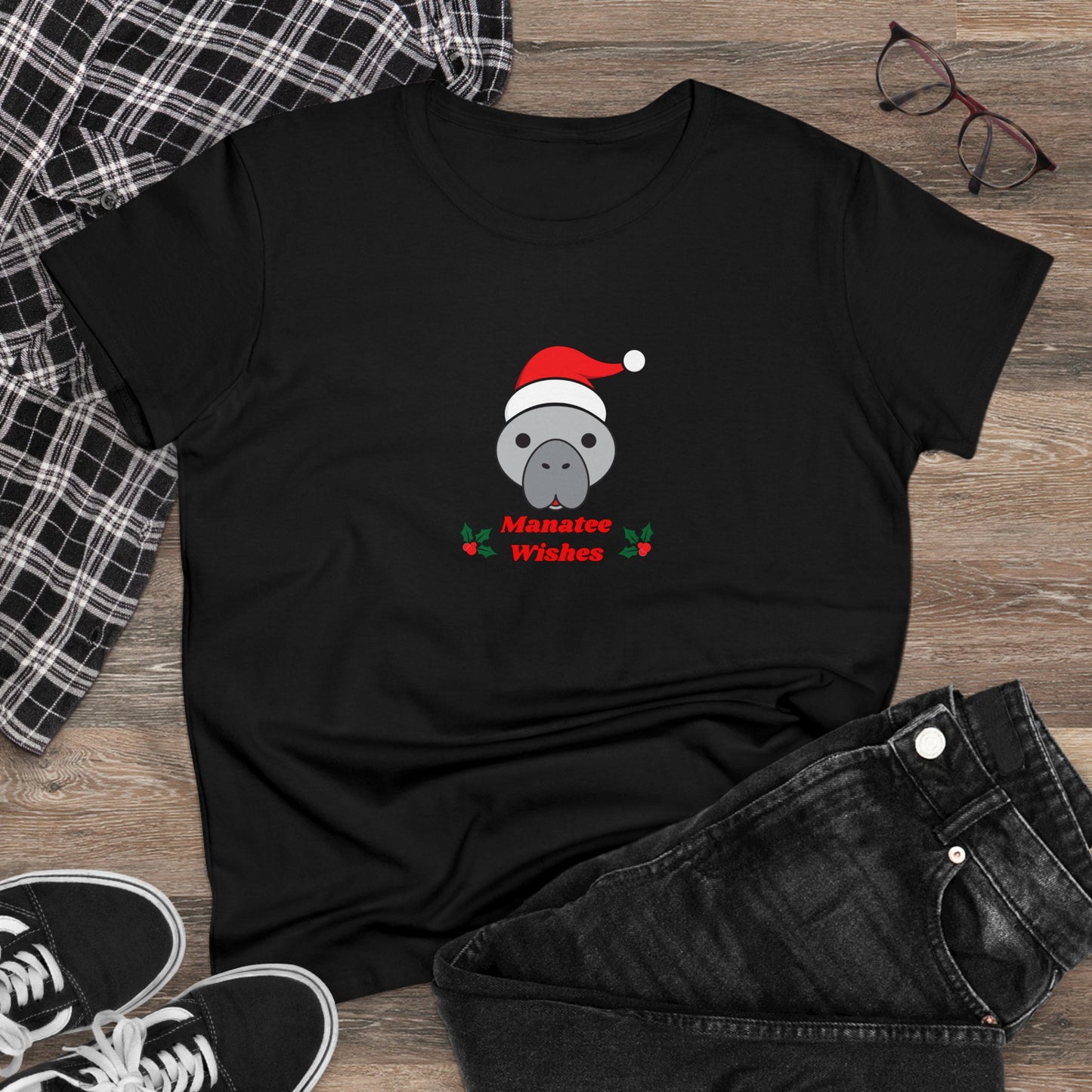 Manatee Holiday Wishes Christmas Adult Women's Cotton T Shirt