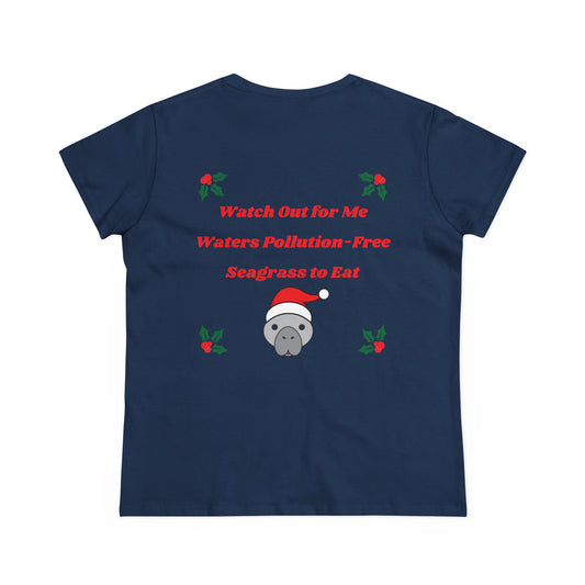 Manatee Holiday Wishes Christmas Adult Women's Cotton T Shirt