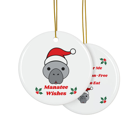 Manatee Holiday Wishes Christmas Double Sided Print White Ceramic Christmas Ornament