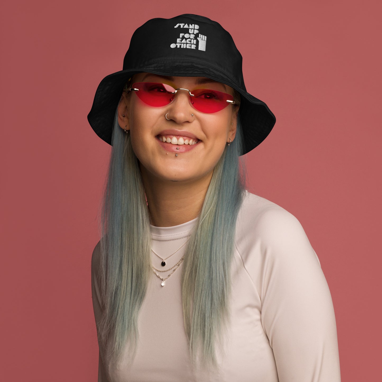 Stand Up For Each Other Social Justice Embroidered Organic Cotton Black Bucket Hat