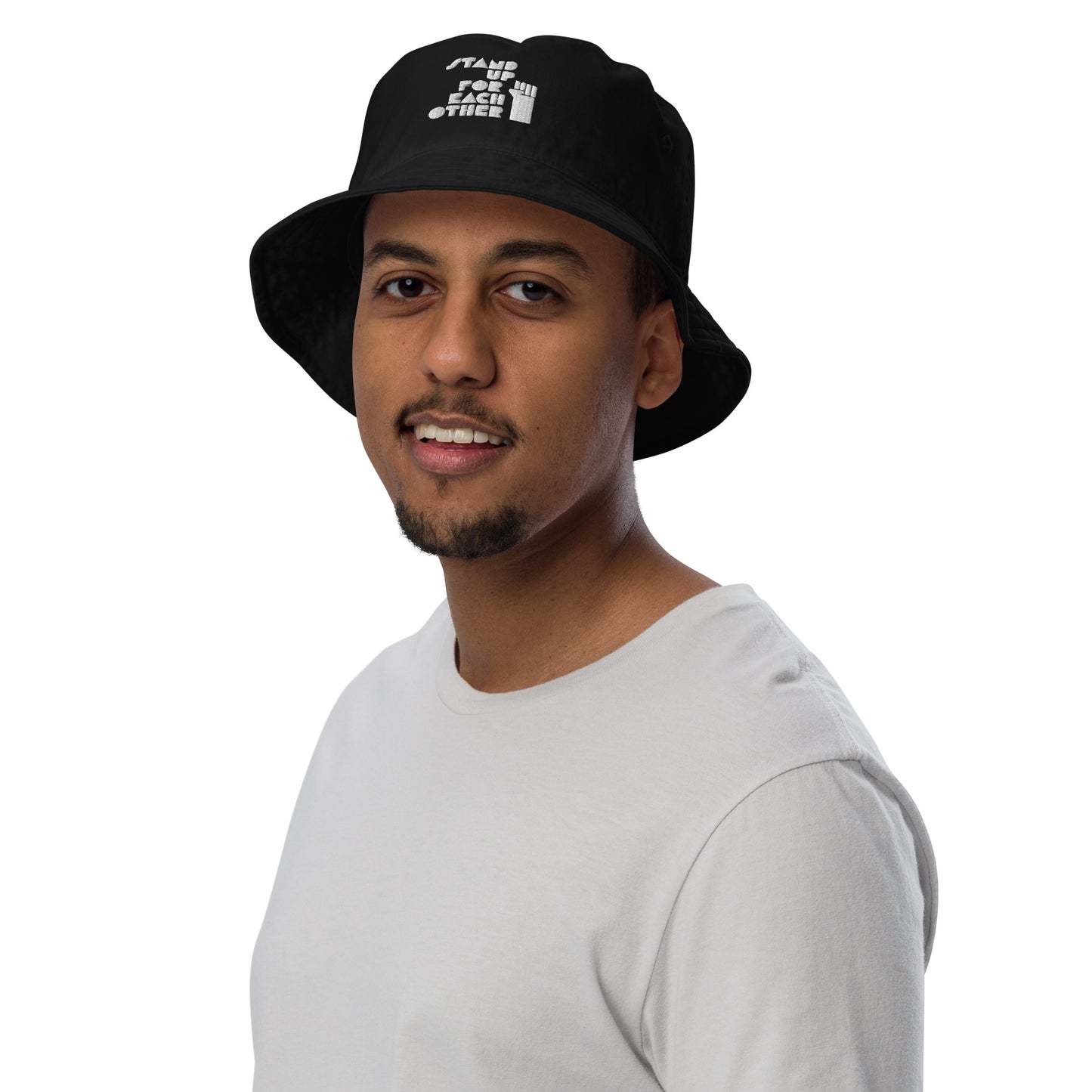 Stand Up For Each Other Social Justice Embroidered Organic Cotton Black Bucket Hat
