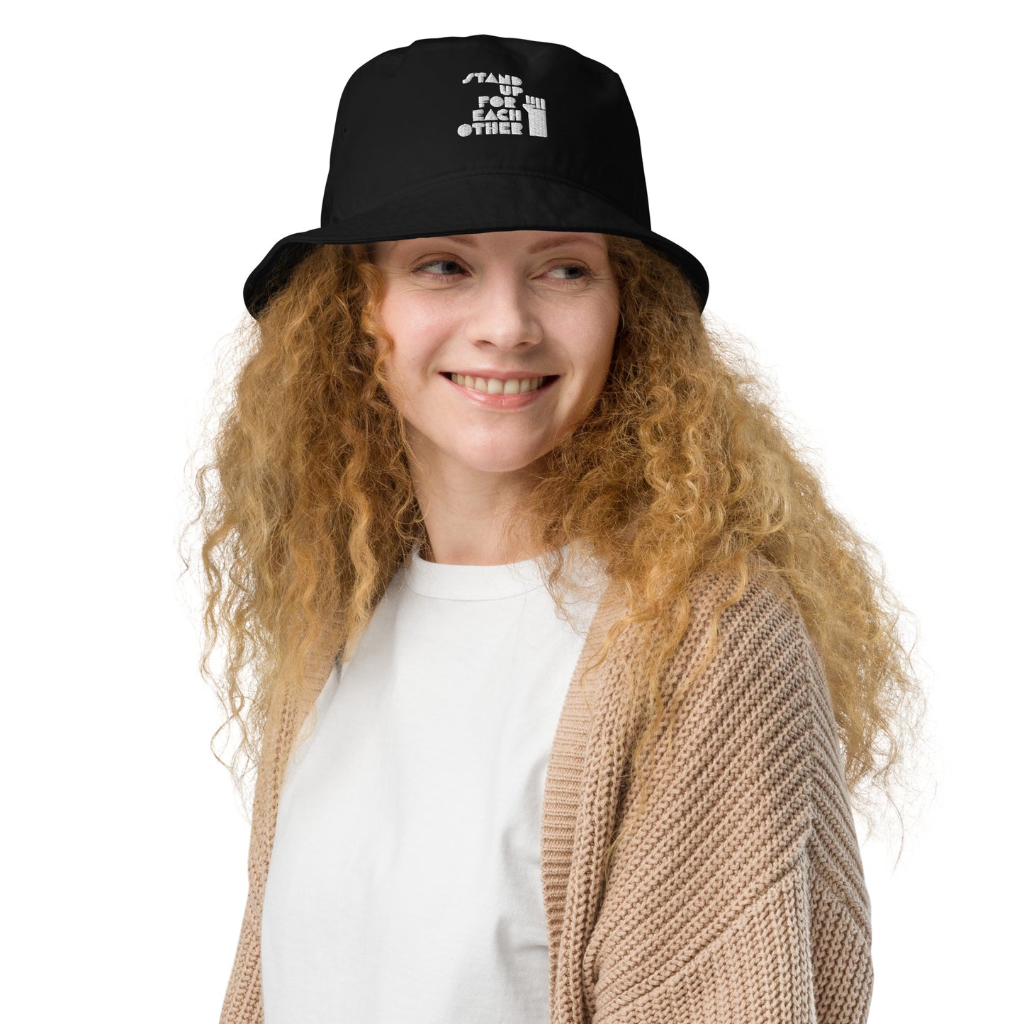 Stand Up For Each Other Social Justice Embroidered Organic Cotton Black Bucket Hat