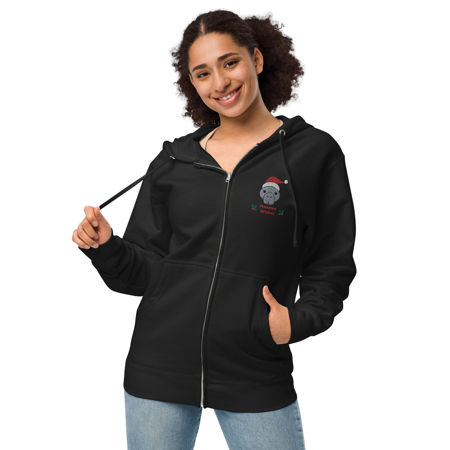 Manatee Holiday Wishes Christmas Embroidered Adult Unisex Zip Up Hoodie