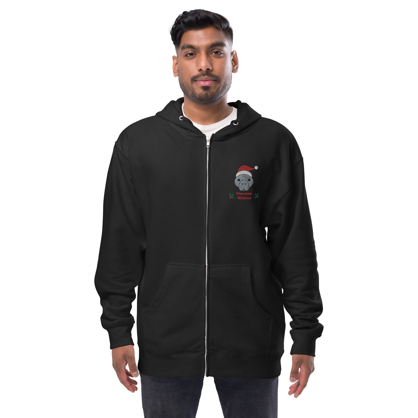 Manatee Holiday Wishes Christmas Embroidered Adult Unisex Zip Up Hoodie