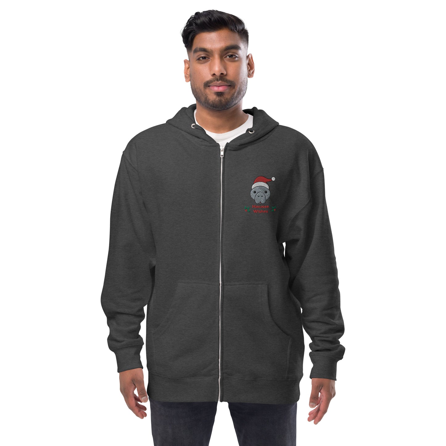 Manatee Holiday Wishes Christmas Embroidered Adult Unisex Zip Up Hoodie