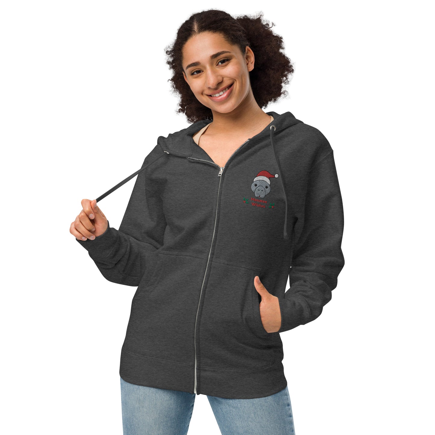 Manatee Holiday Wishes Christmas Embroidered Adult Unisex Zip Up Hoodie