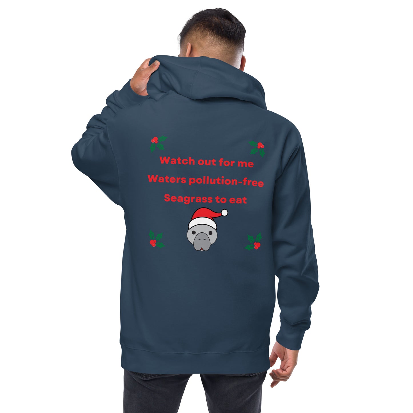 Manatee Holiday Wishes Christmas Embroidered Adult Unisex Zip Up Hoodie