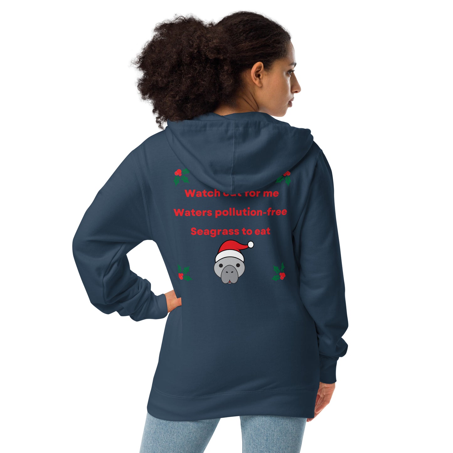 Manatee Holiday Wishes Christmas Embroidered Adult Unisex Zip Up Hoodie