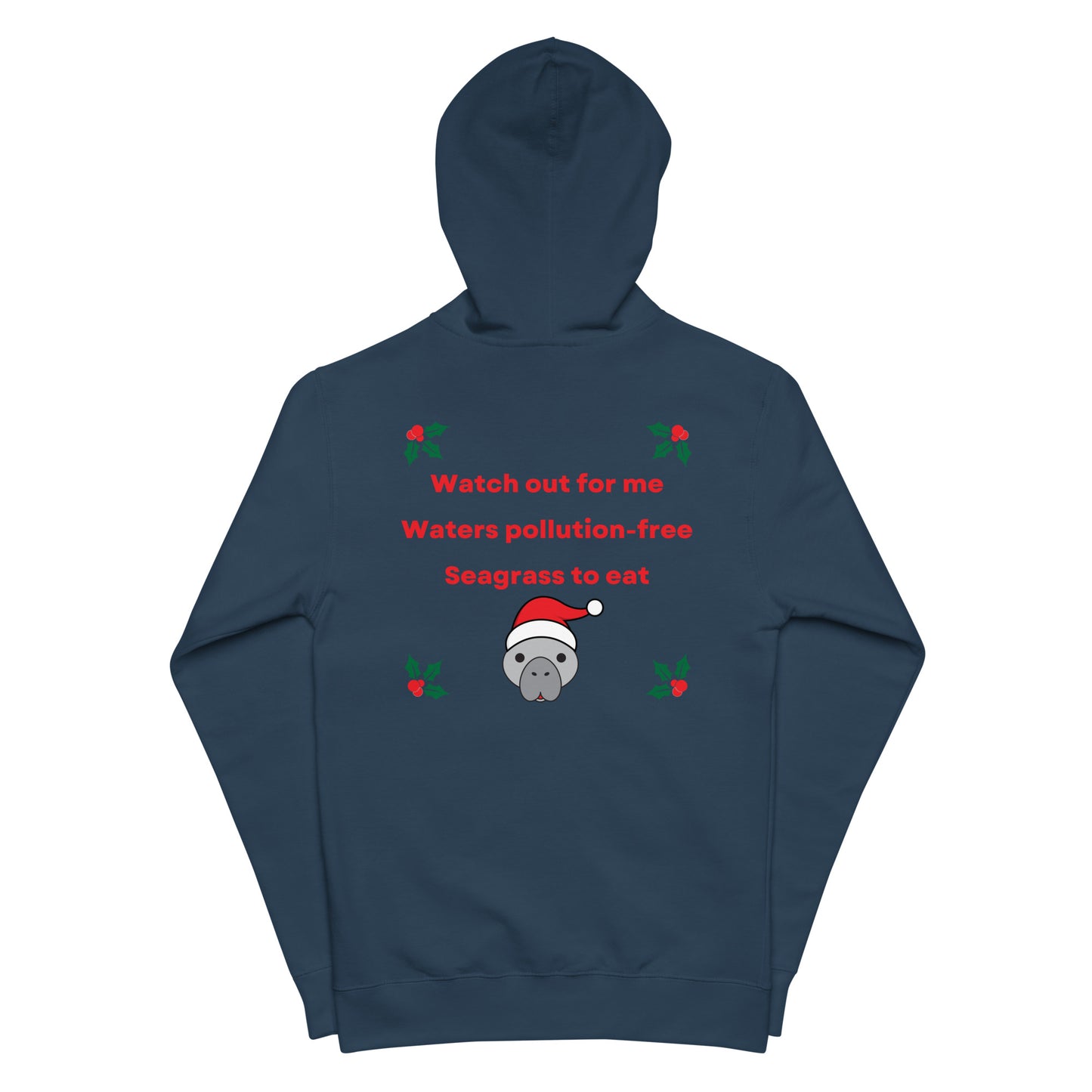 Manatee Holiday Wishes Christmas Embroidered Adult Unisex Zip Up Hoodie