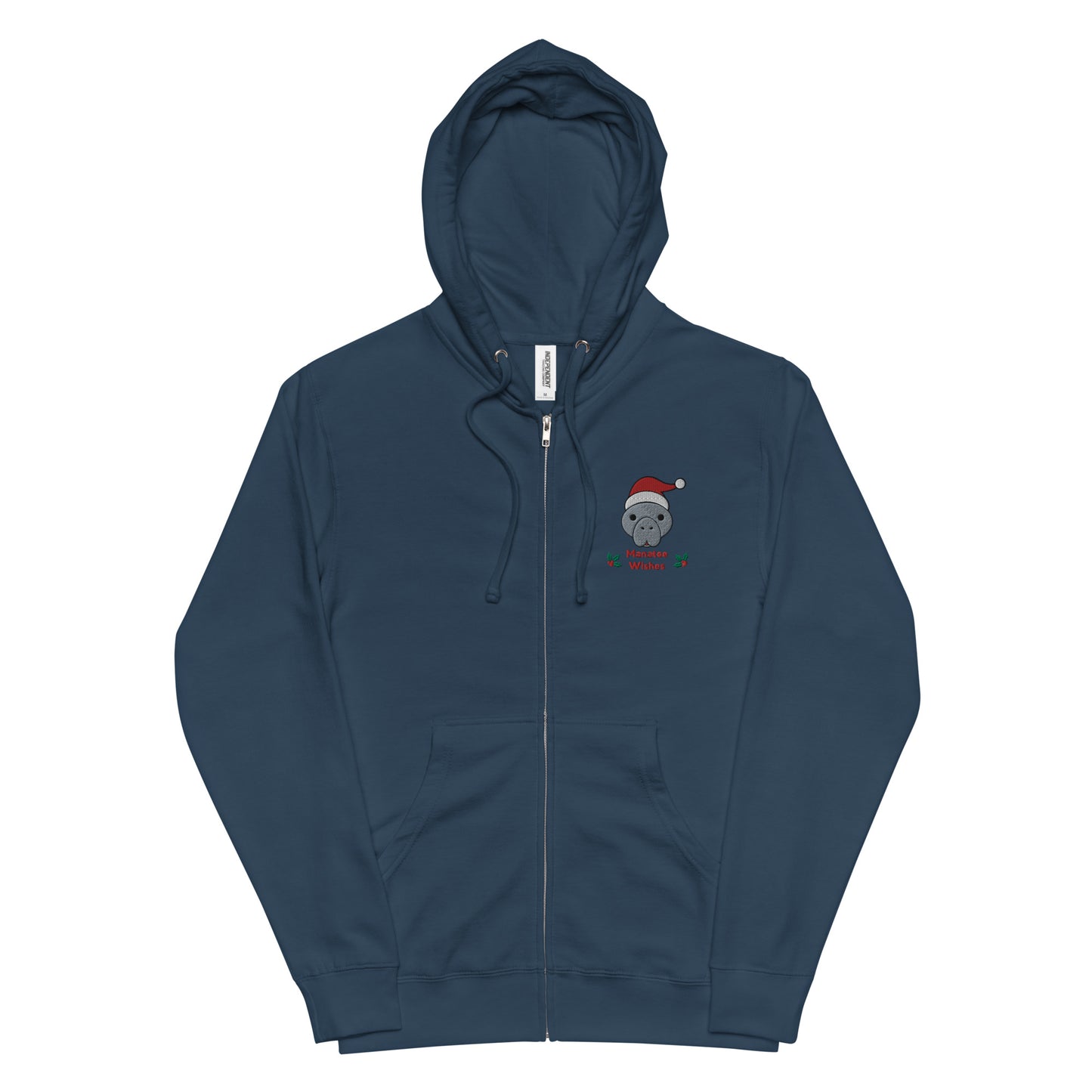 Manatee Holiday Wishes Christmas Embroidered Adult Unisex Zip Up Hoodie
