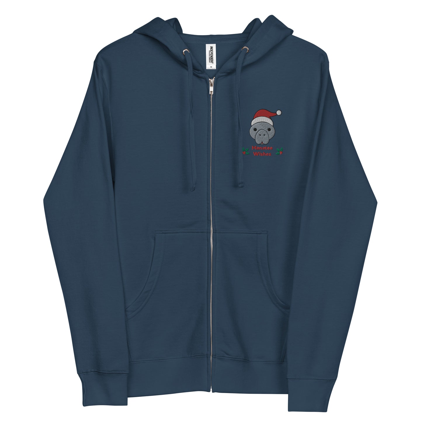 Manatee Holiday Wishes Christmas Embroidered Adult Unisex Zip Up Hoodie