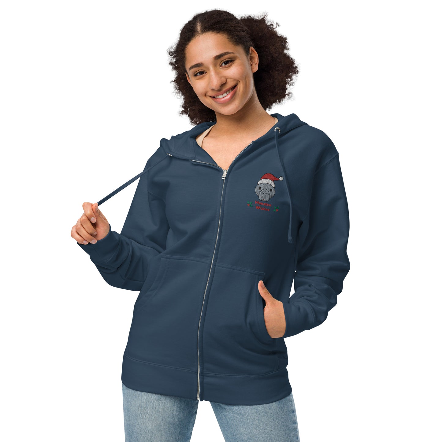 Manatee Holiday Wishes Christmas Embroidered Adult Unisex Zip Up Hoodie