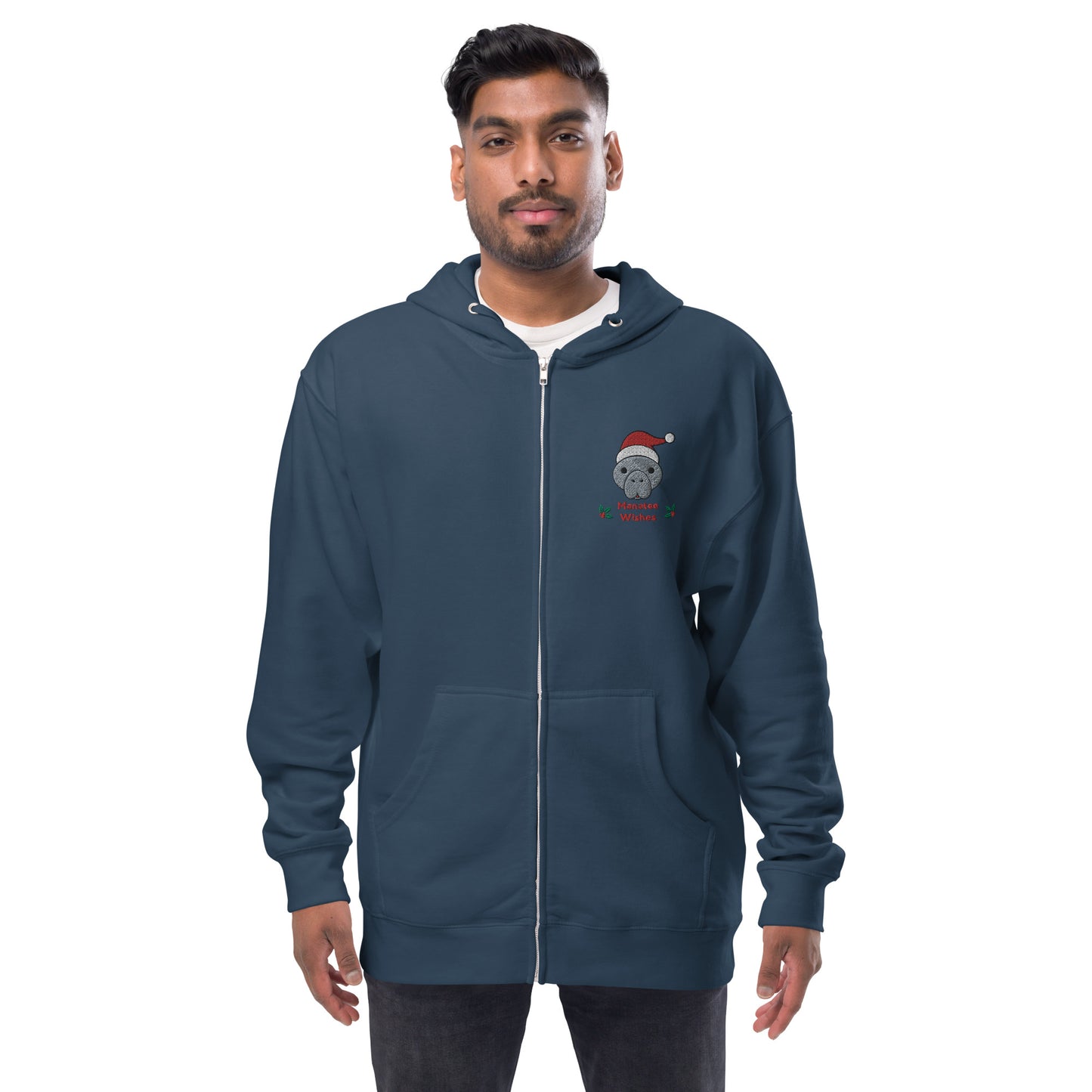 Manatee Holiday Wishes Christmas Embroidered Adult Unisex Zip Up Hoodie