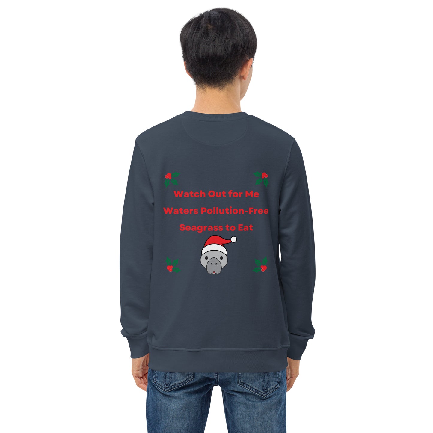 Manatee Holiday Wishes Christmas Eco Friendly Embroidered Crewneck Sweatshirt