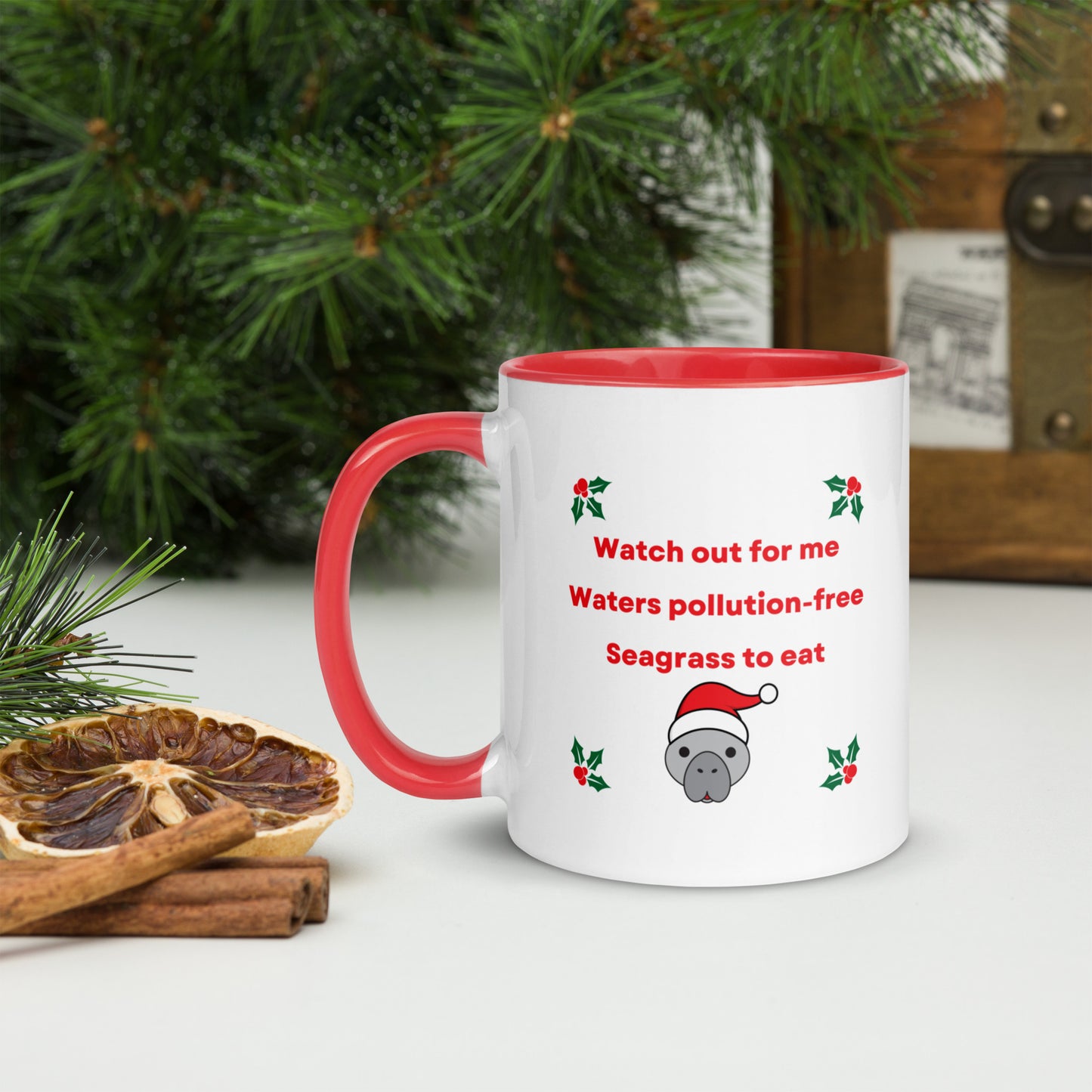 Manatee Holiday Wishes Christmas Ceramic Mug with Color Inside