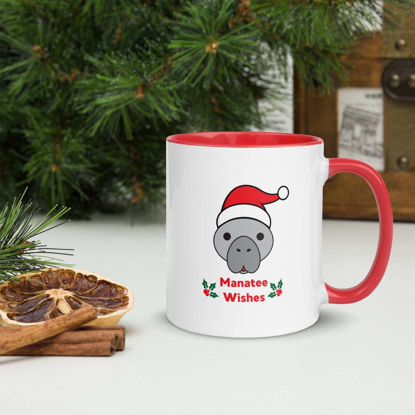Manatee Holiday Wishes Christmas Ceramic Mug with Color Inside