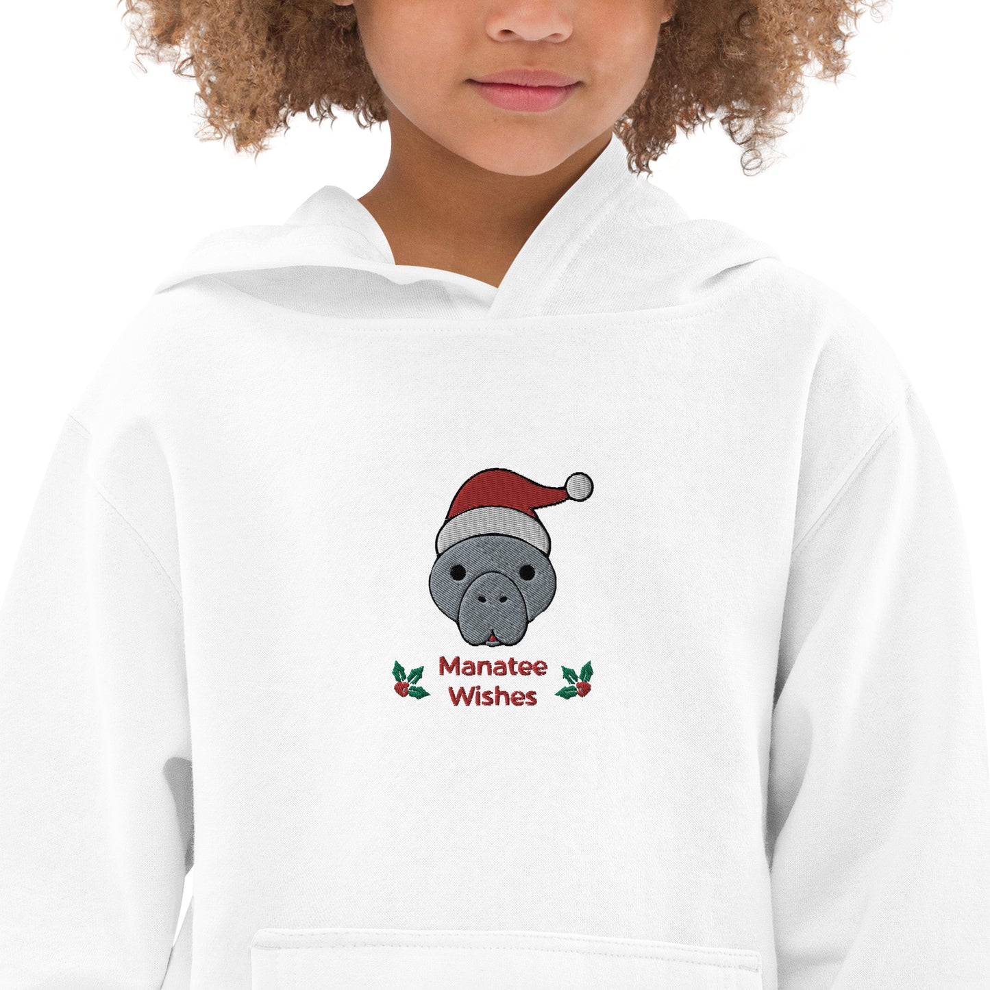 Embroidered Manatee Holiday Wishes Kids Christmas Hoodie