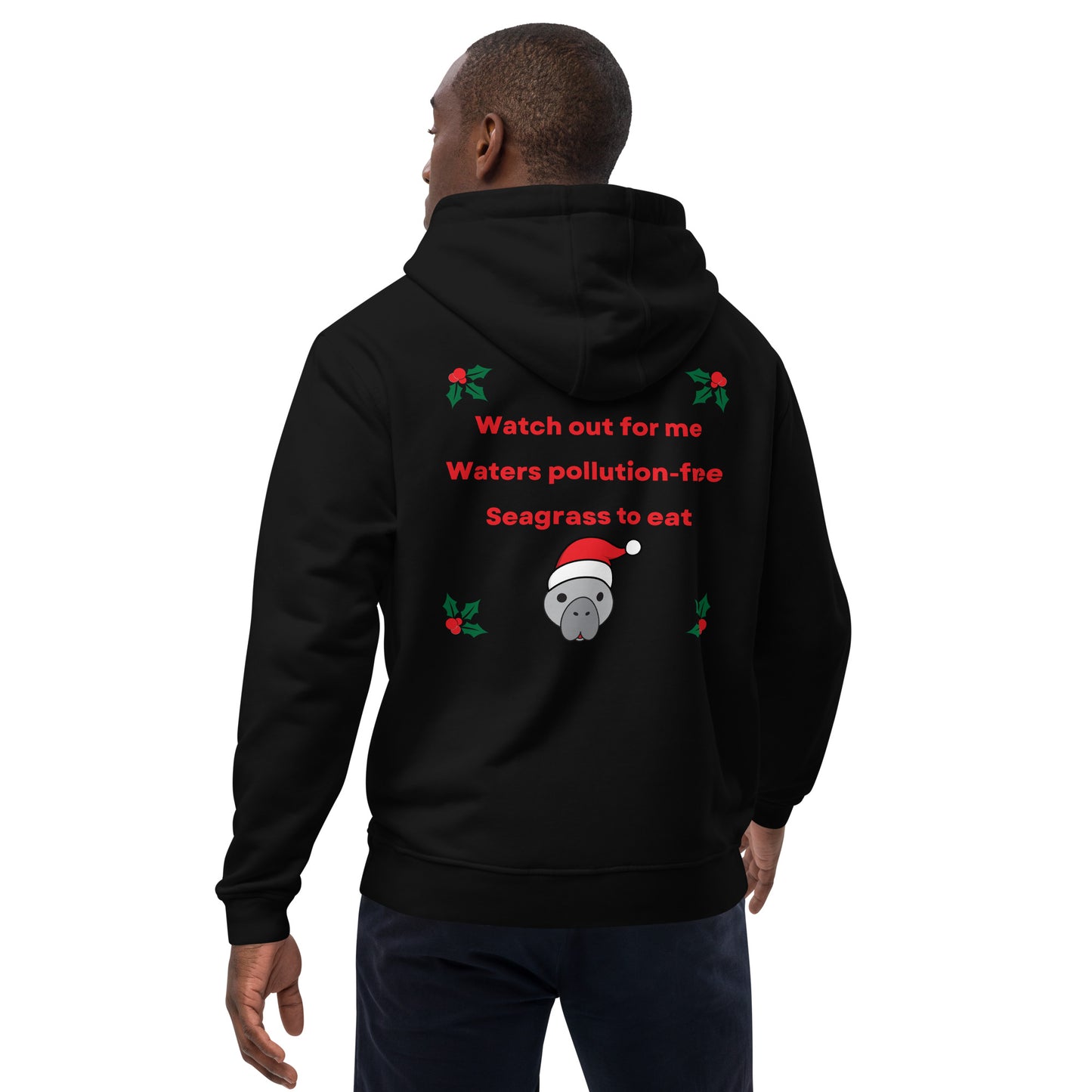 Manatee Holiday Wishes Christmas Eco Friendly Adult Unisex Embroidered Hoodie