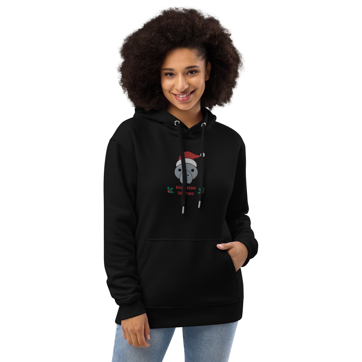 Manatee Holiday Wishes Christmas Eco Friendly Adult Unisex Embroidered Hoodie