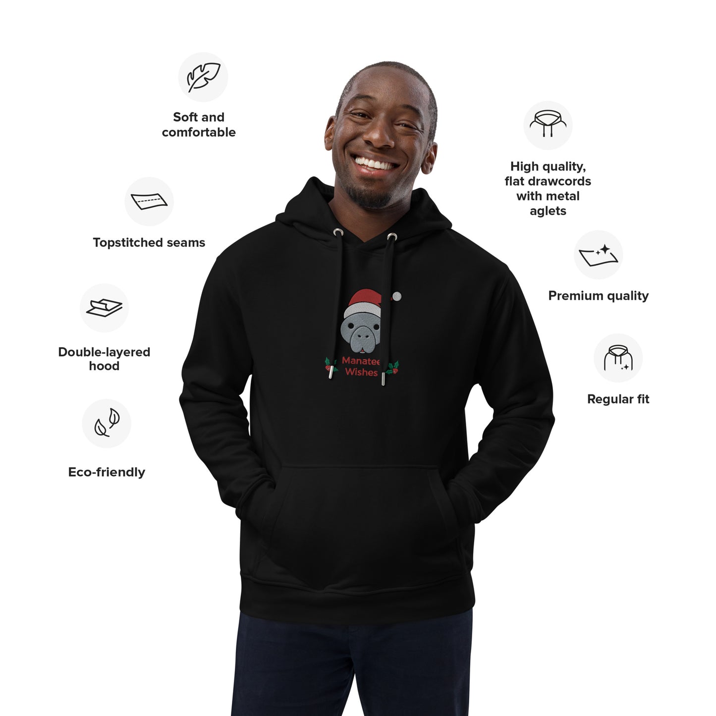 Manatee Holiday Wishes Christmas Eco Friendly Adult Unisex Embroidered Hoodie