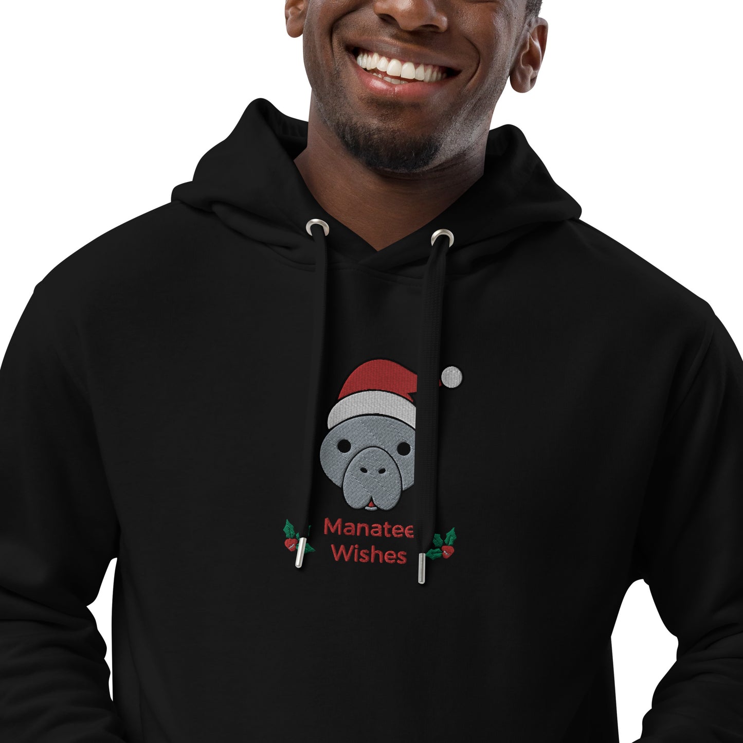 Manatee Holiday Wishes Christmas Eco Friendly Adult Unisex Embroidered Hoodie