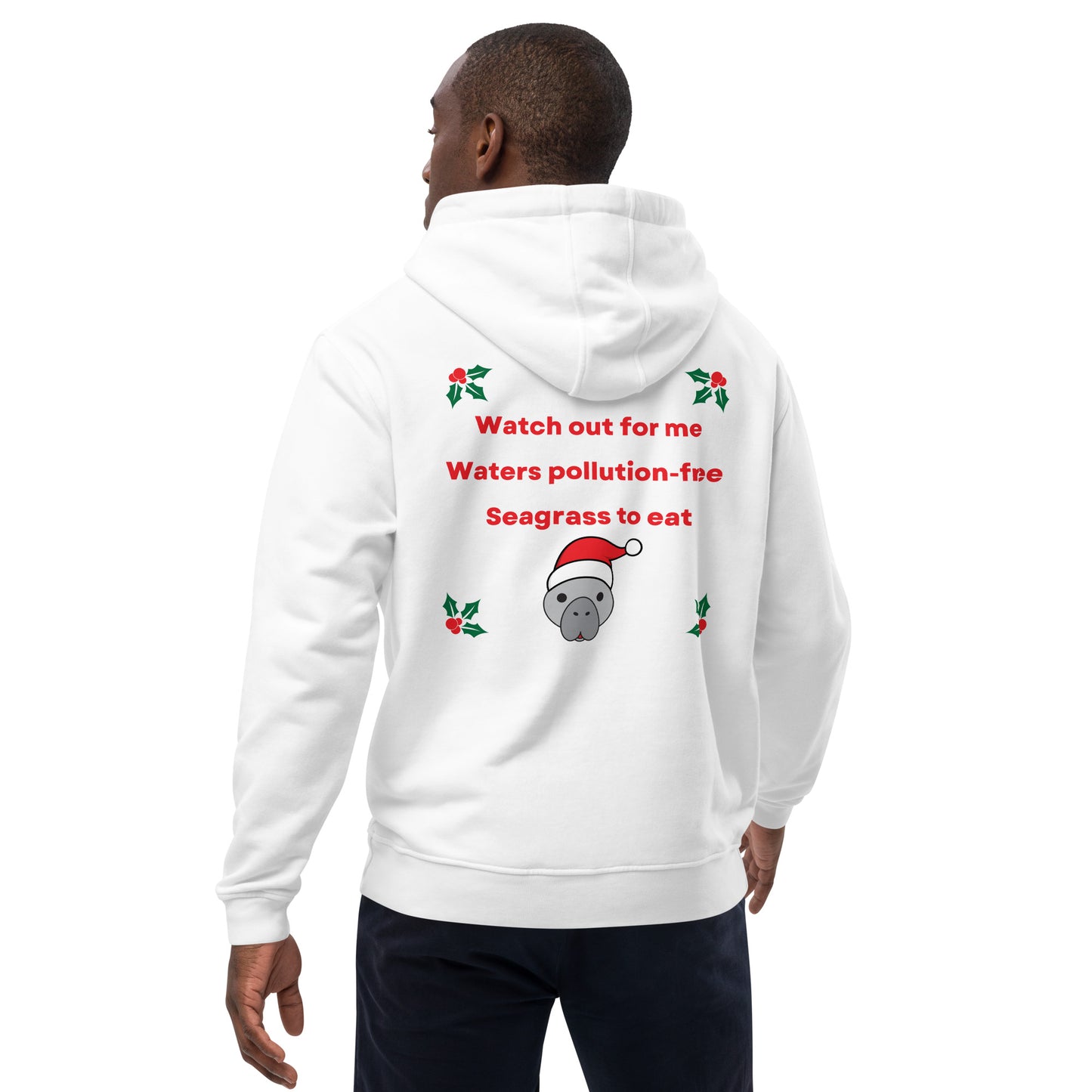 Manatee Holiday Wishes Christmas Eco Friendly Adult Unisex Embroidered Hoodie
