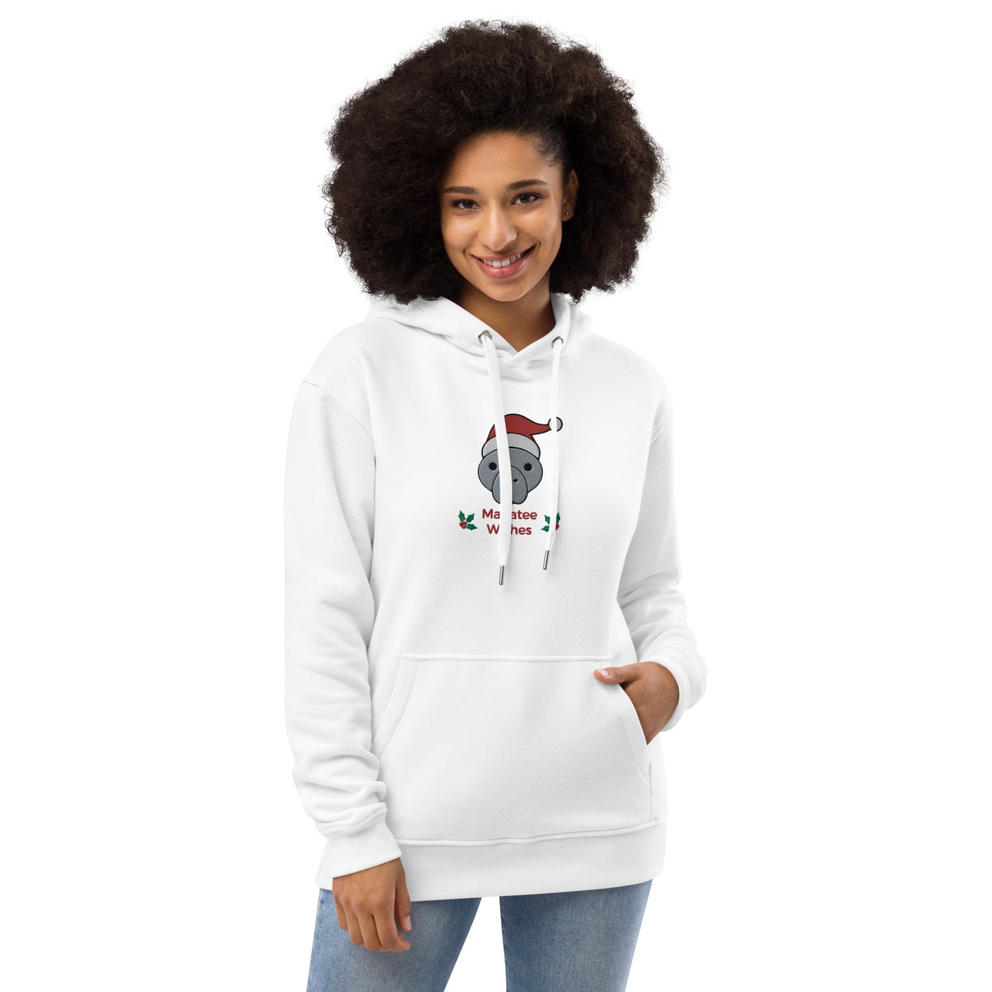 Manatee Holiday Wishes Christmas Eco Friendly Adult Unisex Embroidered Hoodie