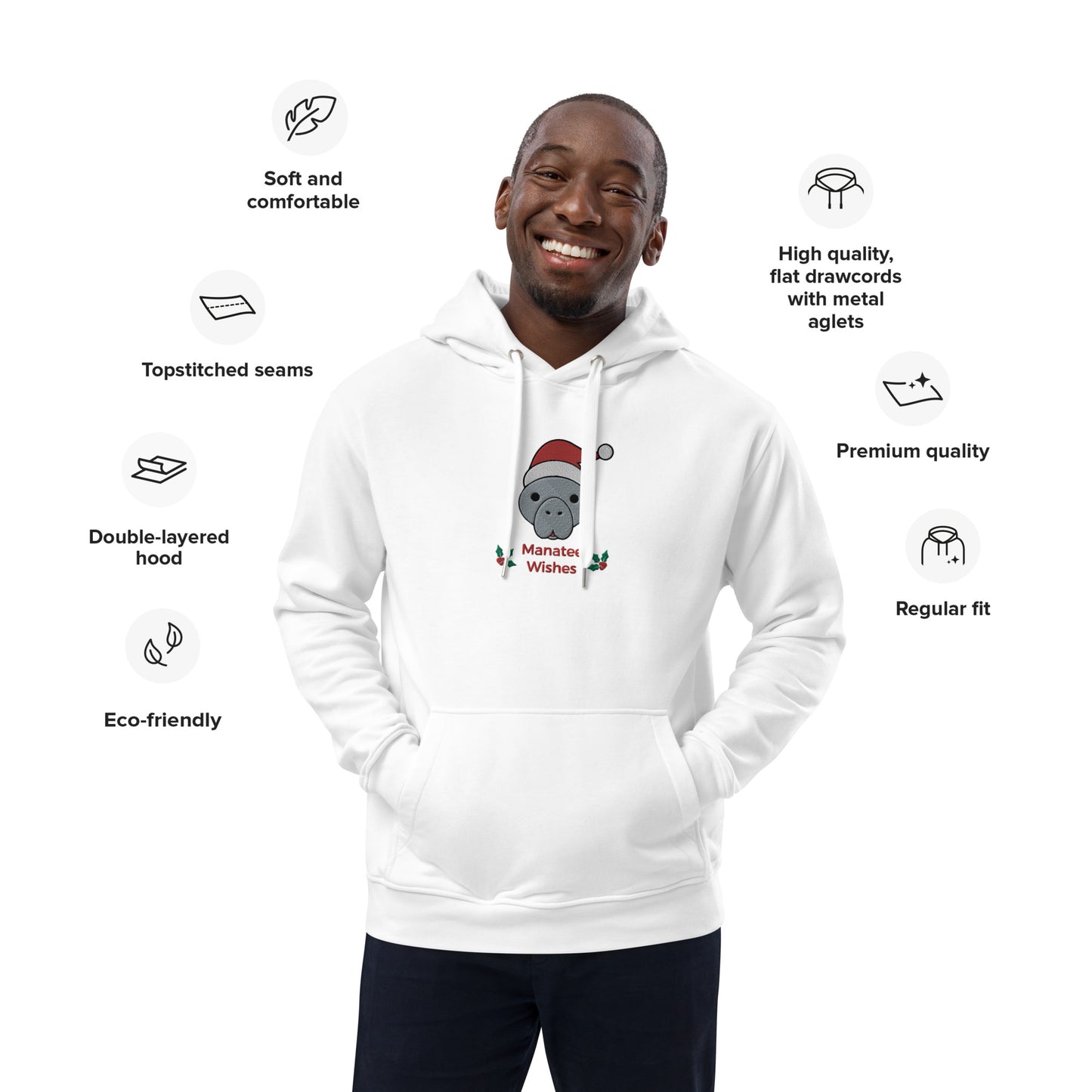 Manatee Holiday Wishes Christmas Eco Friendly Adult Unisex Embroidered Hoodie