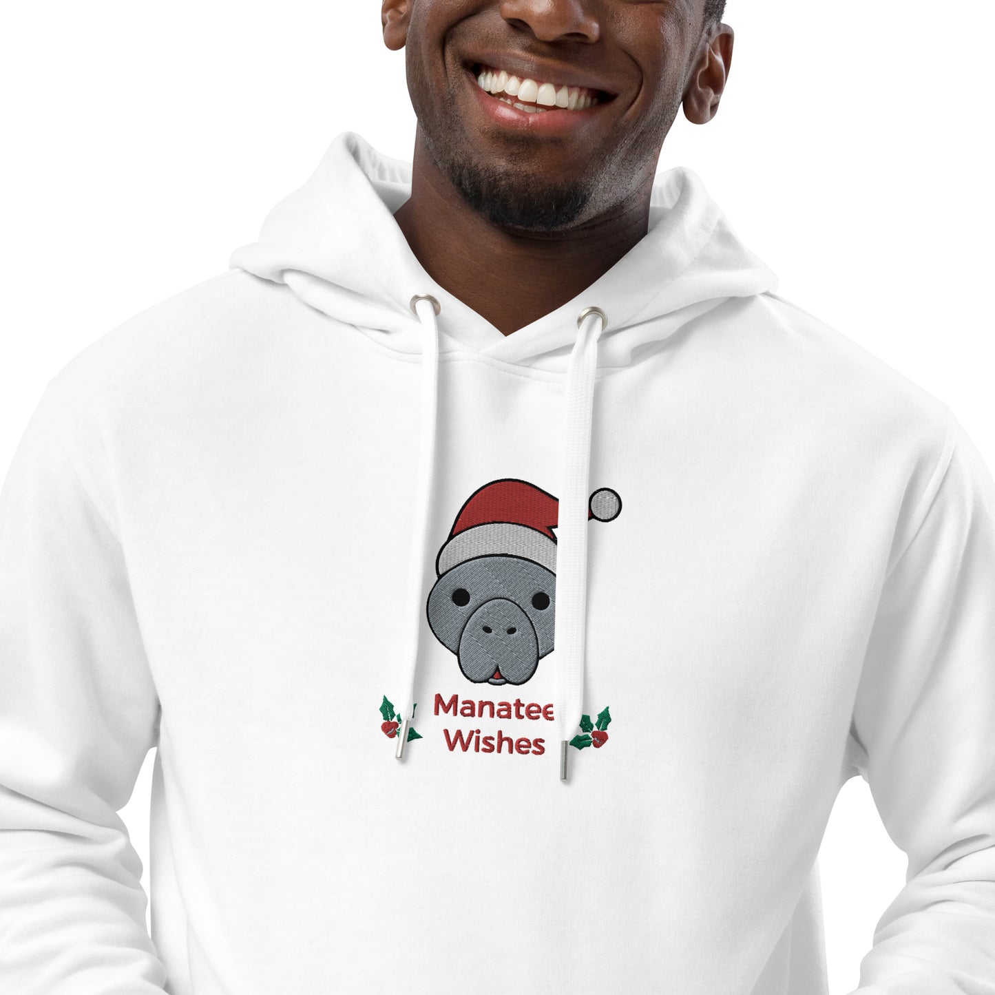 Manatee Holiday Wishes Christmas Eco Friendly Adult Unisex Embroidered Hoodie