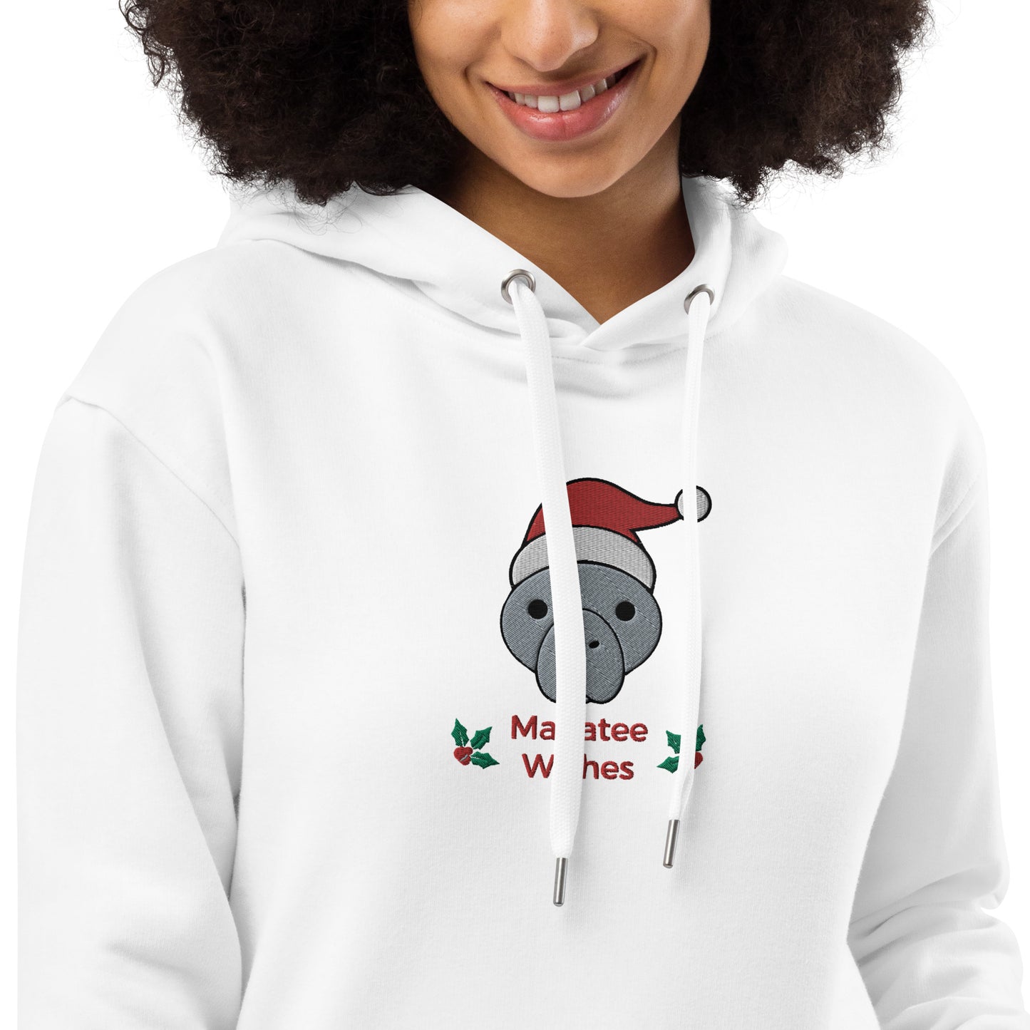 Manatee Holiday Wishes Christmas Eco Friendly Adult Unisex Embroidered Hoodie