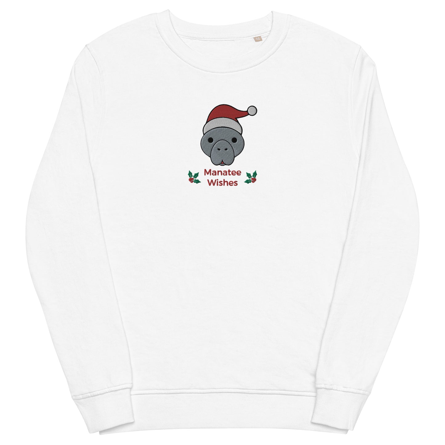 Manatee Holiday Wishes Christmas Eco Friendly Embroidered Crewneck Sweatshirt