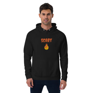 Embroidered Halloween Hoodie with the word Scary embroidered in orange above a yellow and orange planet earth on fire