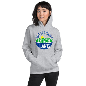 save the planet eat more plants gray hoodie with pockets in the front