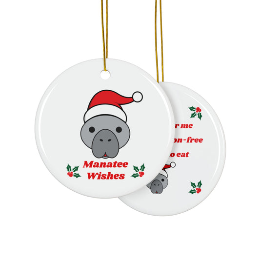 Manatee Holiday Wishes Christmas Double Sided Print White Ceramic Christmas Ornament