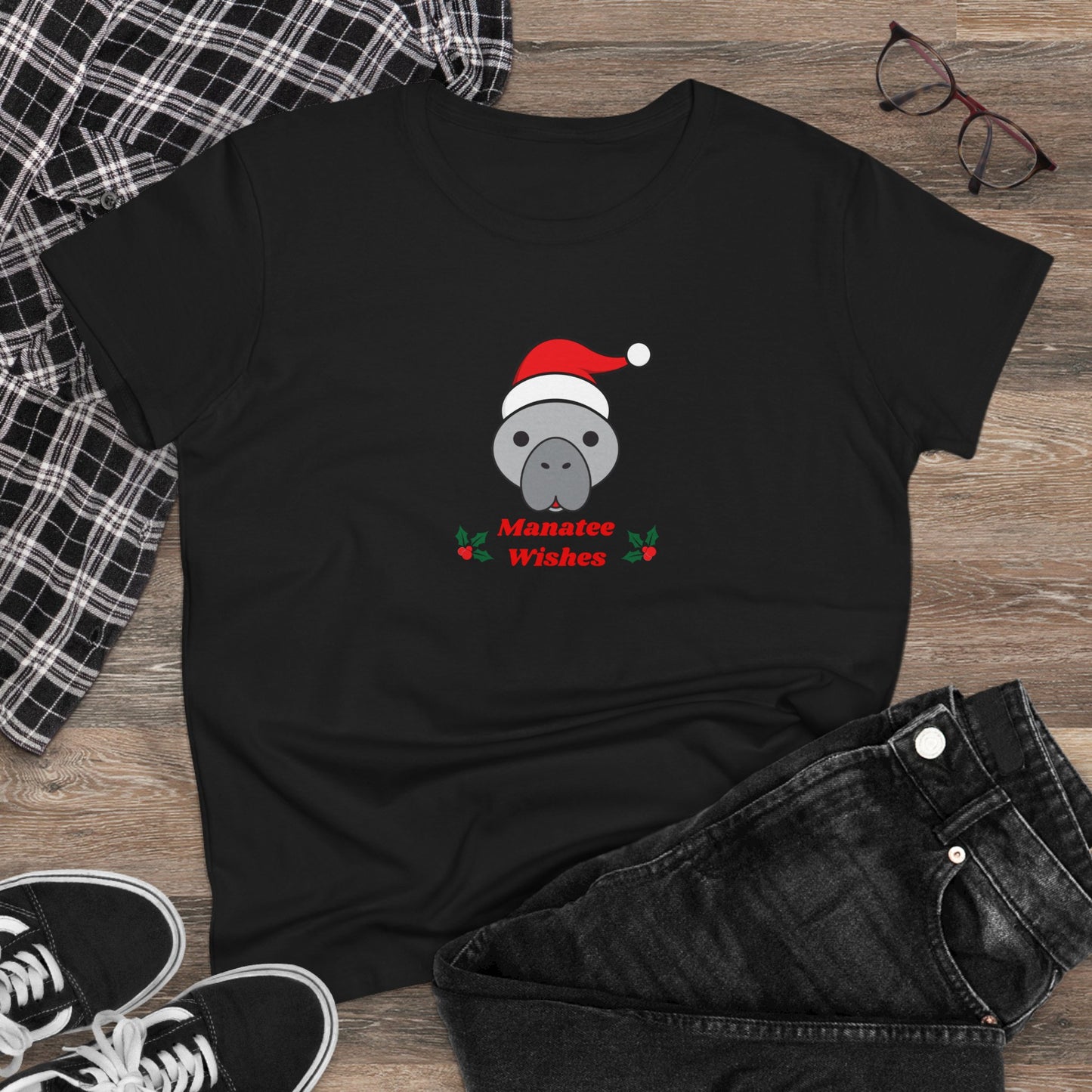 Manatee Holiday Wishes Christmas Adult Women's Cotton T Shirt