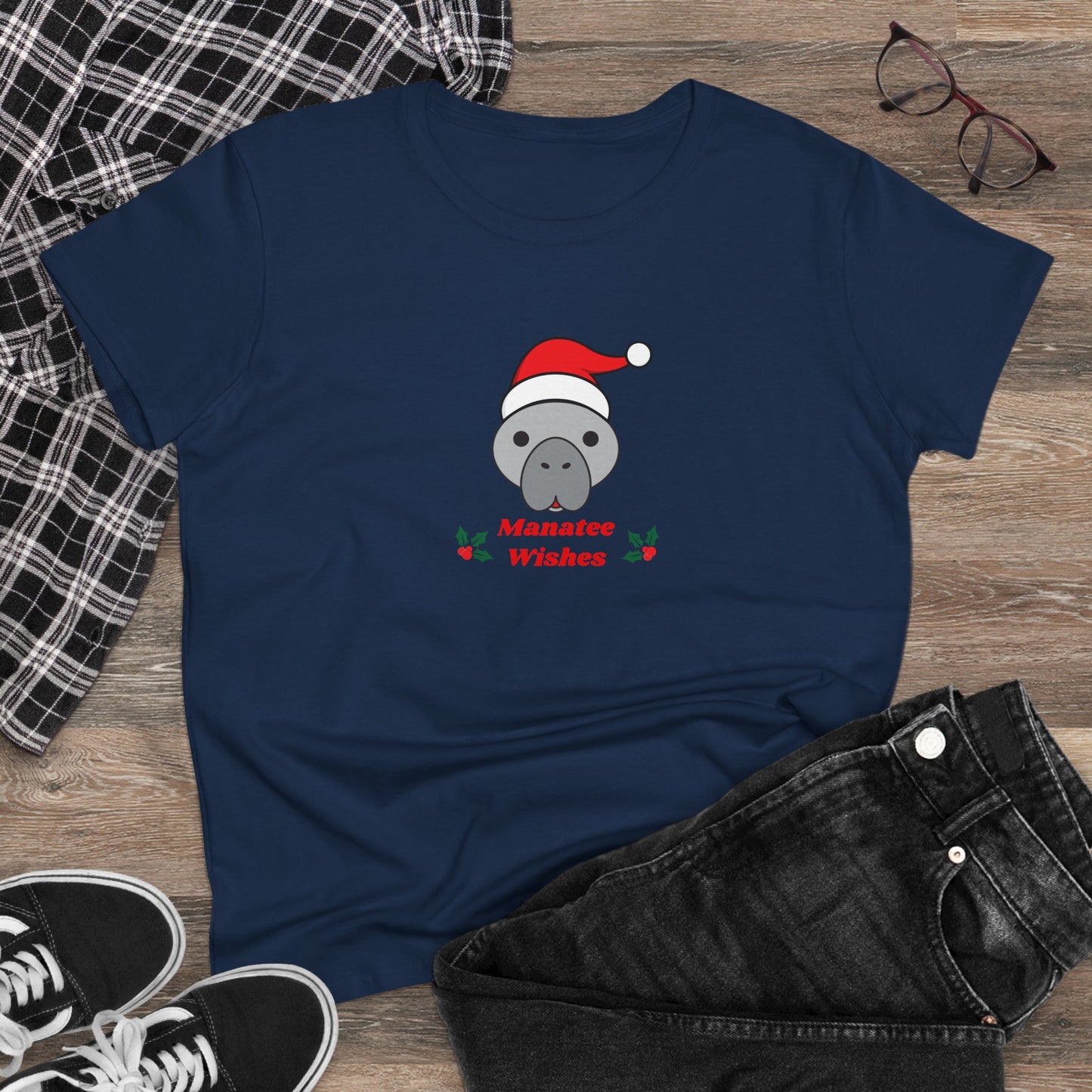 Manatee Holiday Wishes Christmas Adult Women's Cotton T Shirt