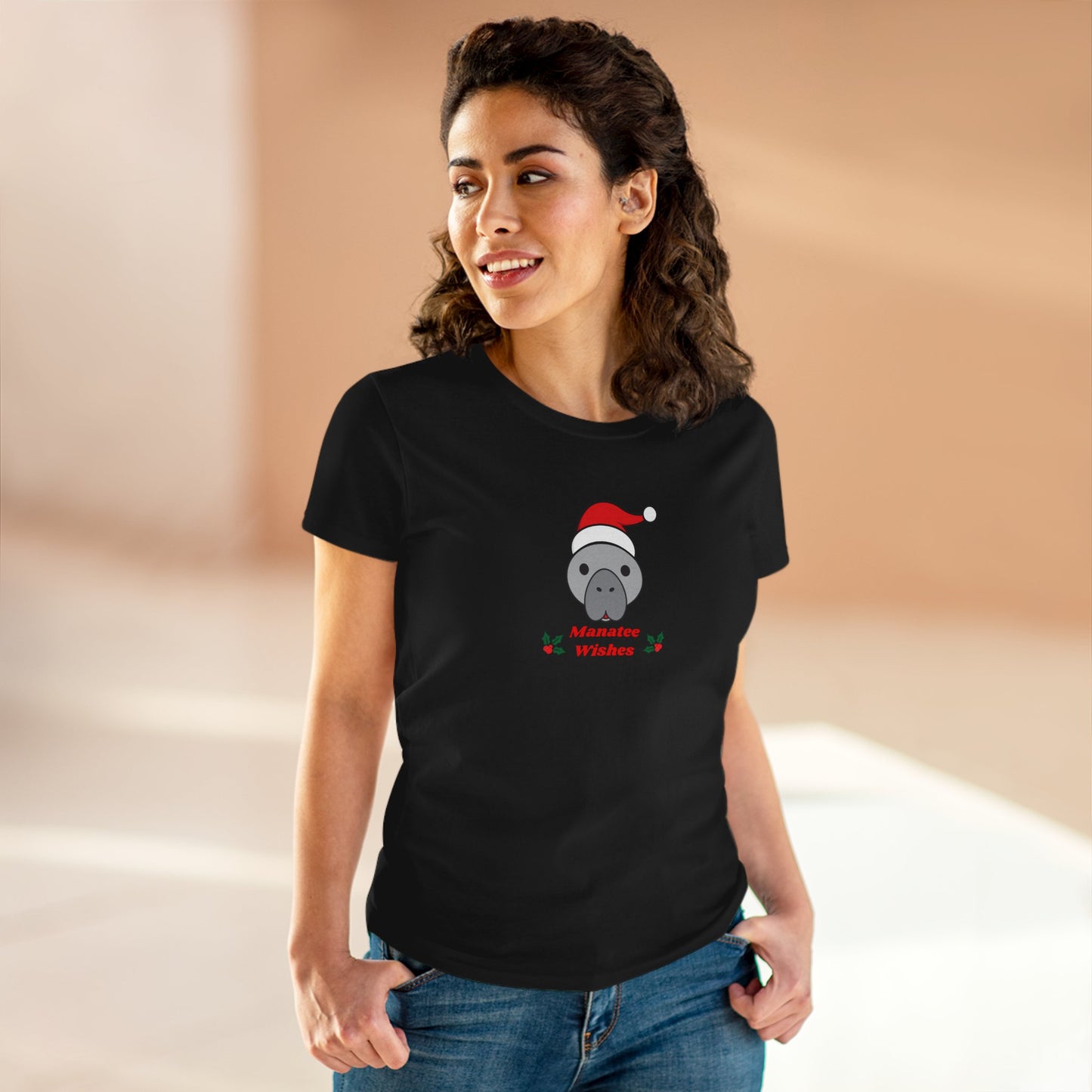Manatee Holiday Wishes Christmas Adult Women's Cotton T Shirt