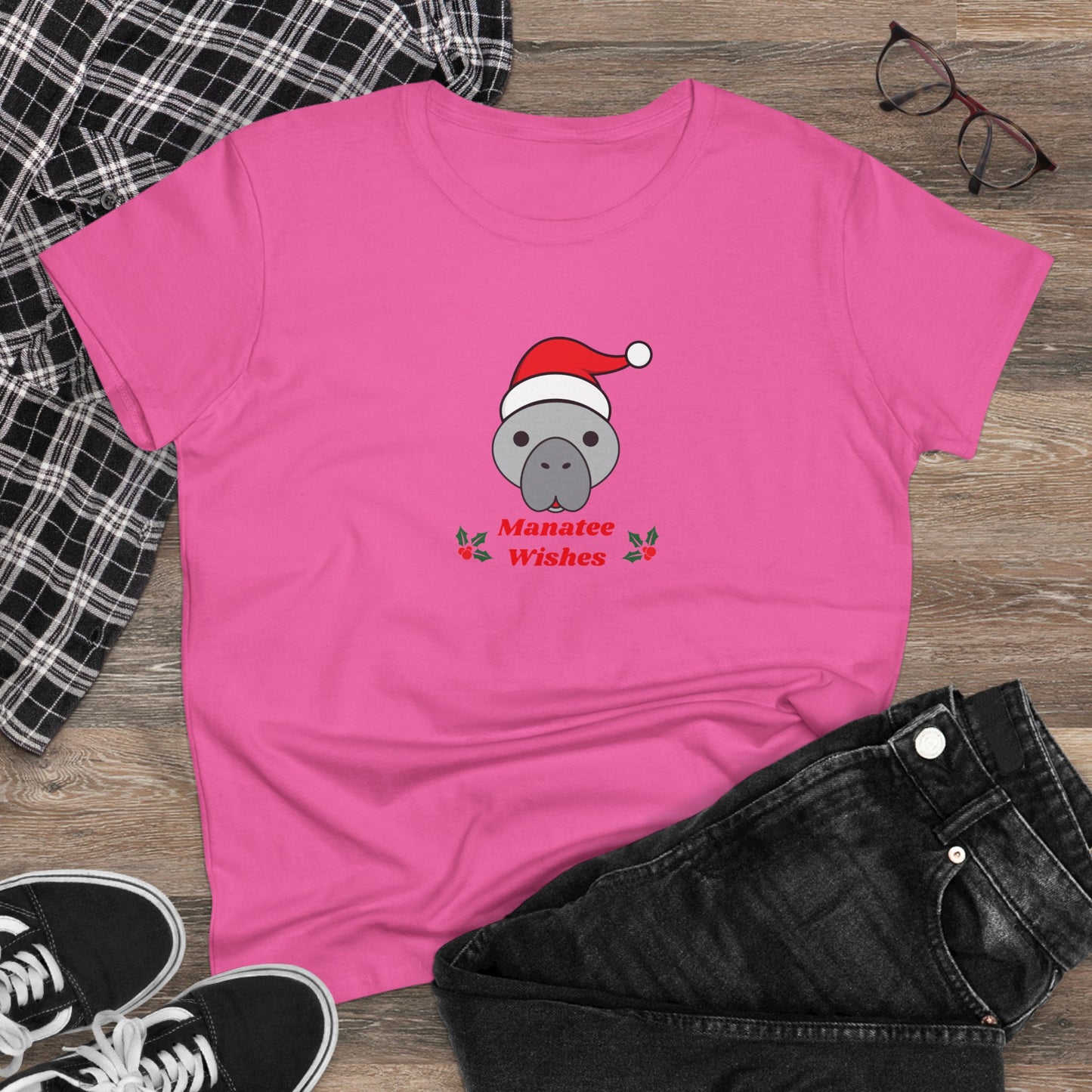 Manatee Holiday Wishes Christmas Adult Women's Cotton T Shirt