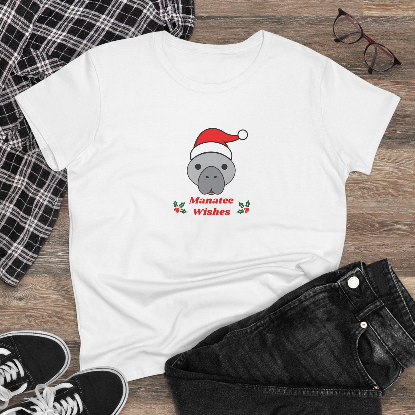 Manatee Holiday Wishes Christmas Adult Women's Cotton T Shirt
