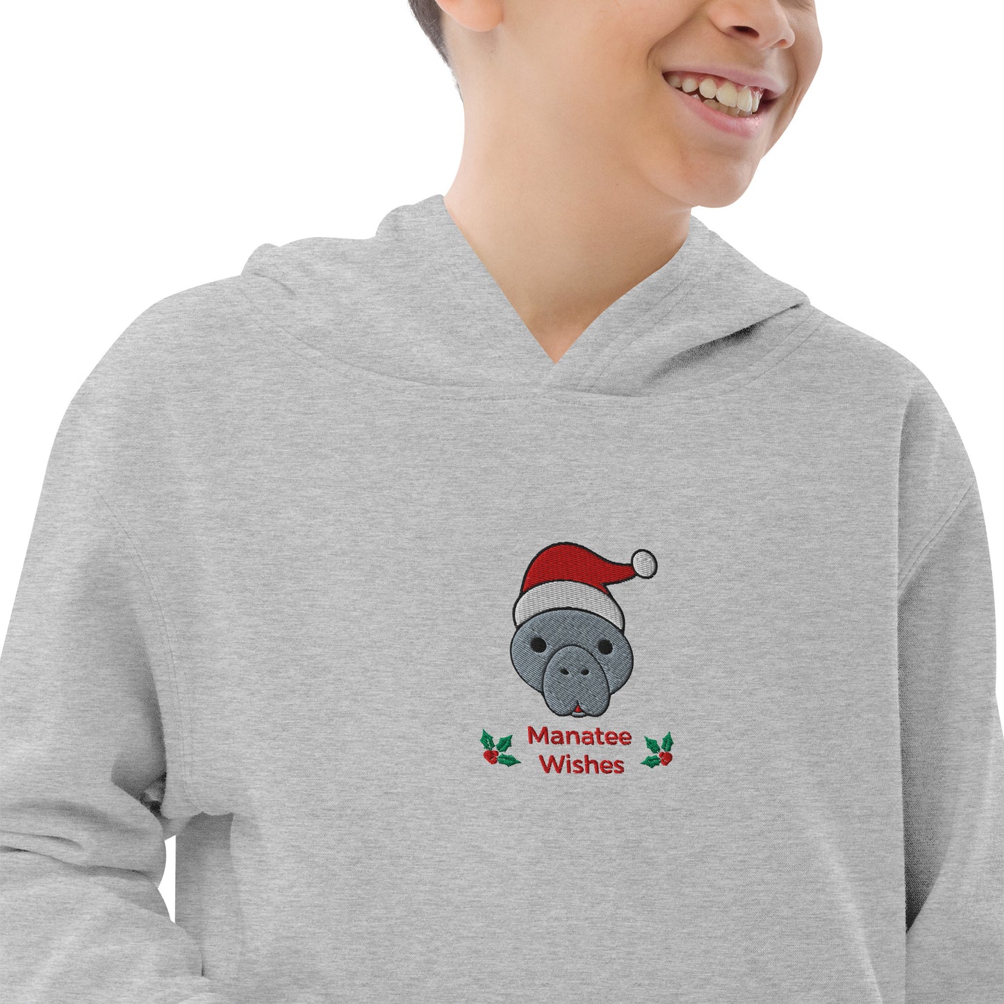 Manatee Holiday Wishes Christmas Embroidered Kids Hoodie