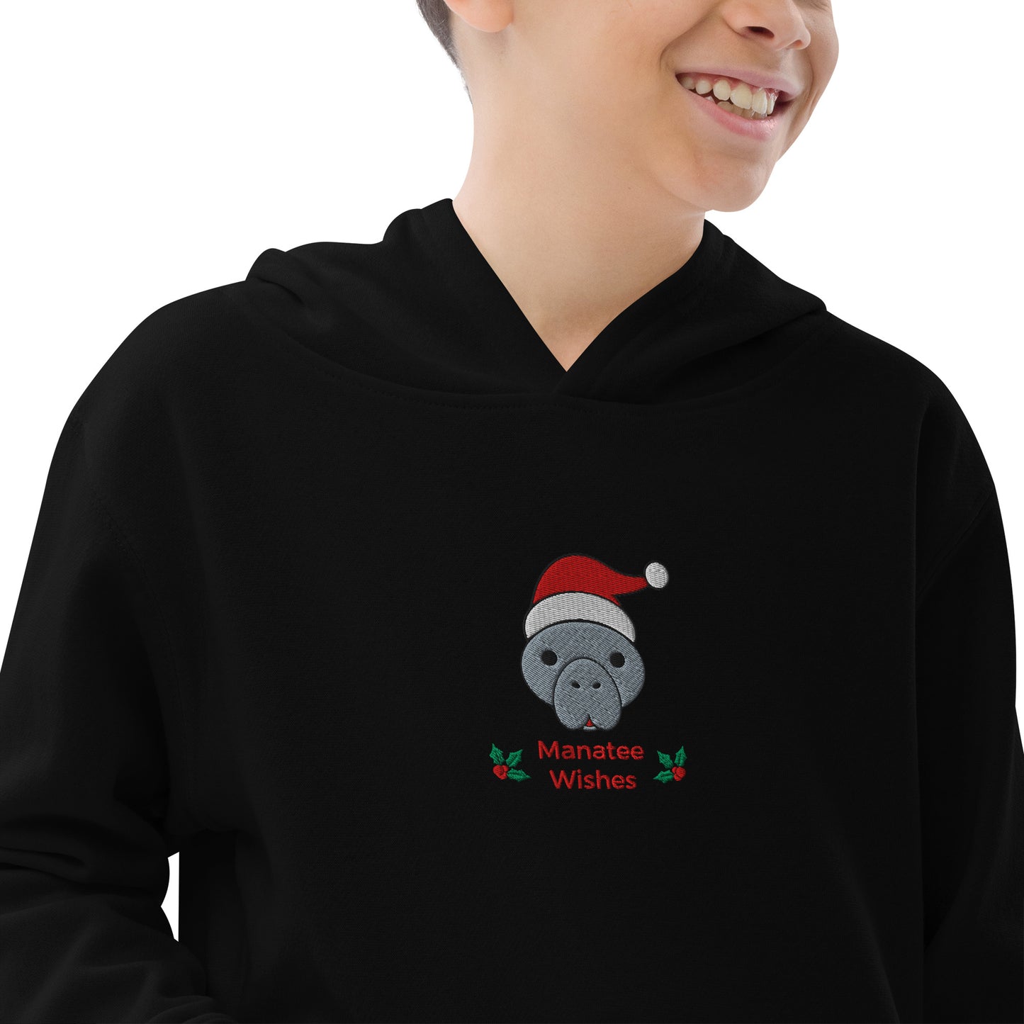 Manatee Holiday Wishes Christmas Embroidered Kids Hoodie