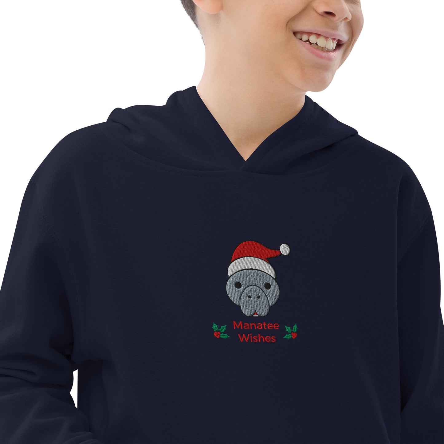 Manatee Holiday Wishes Christmas Embroidered Kids Hoodie