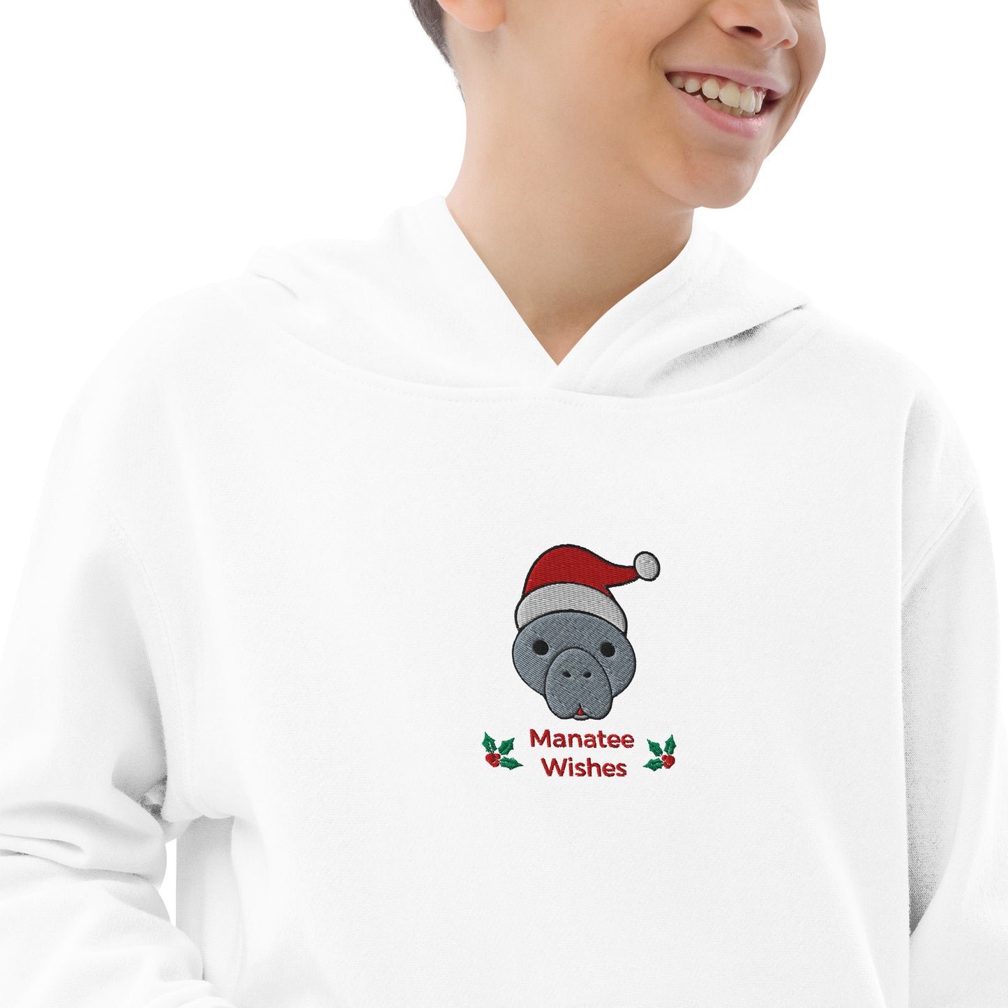 Manatee Holiday Wishes Christmas Embroidered Kids Hoodie