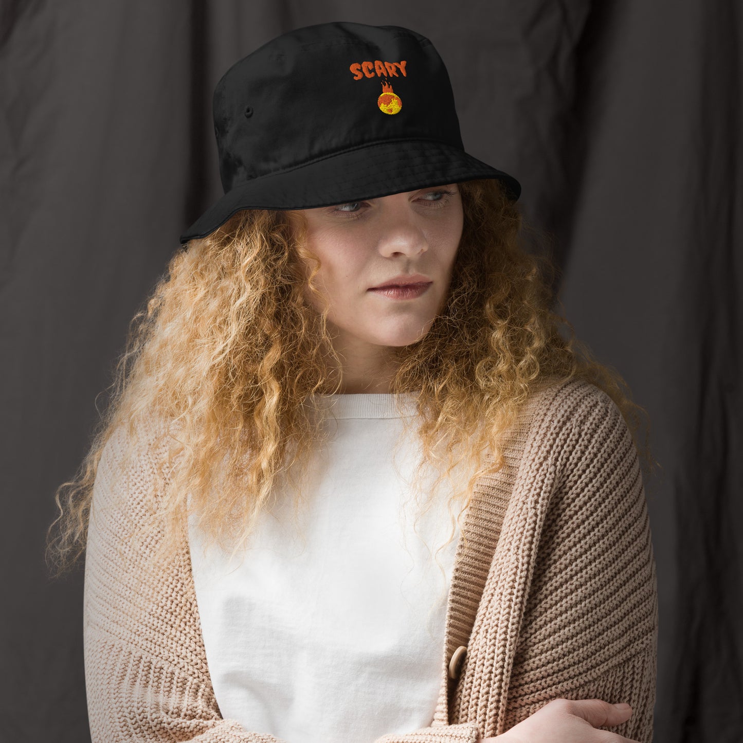 Scary Halloween Embroidered Warming Planet Unisex Black Eco Friendly Bucket Hat