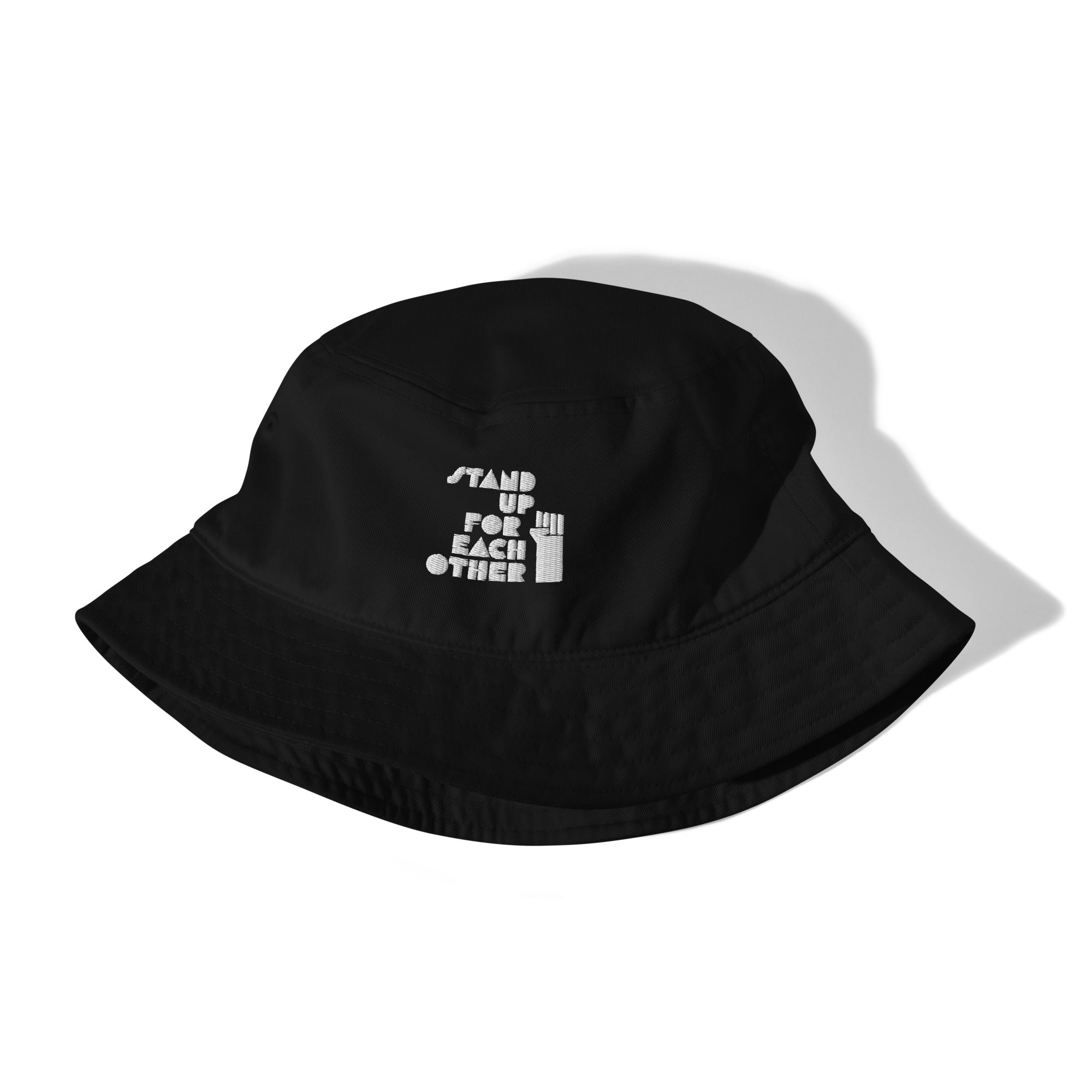 Stand Up For Each Other Social Justice Embroidered Organic Cotton Black Bucket Hat