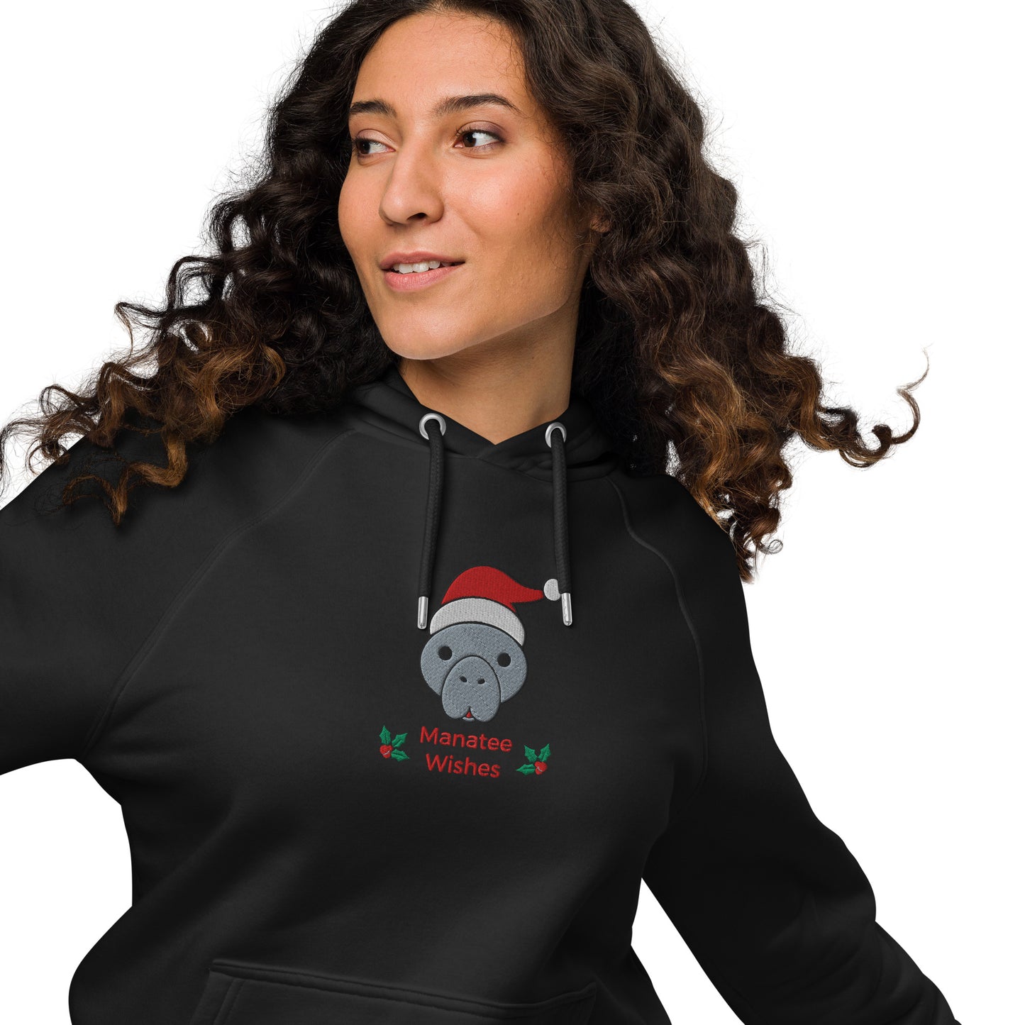 Manatee Holiday Wishes Christmas Eco Friendly Adult Unisex Embroidered Hoodie
